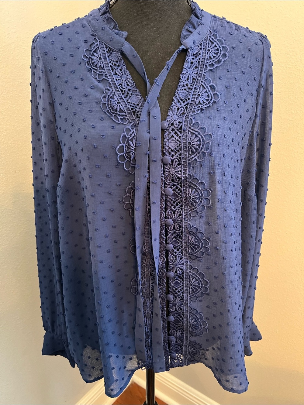 Torrid Navy Swiss Dot Lace Trim Long Sleeve Blouse - Size 00 (10)